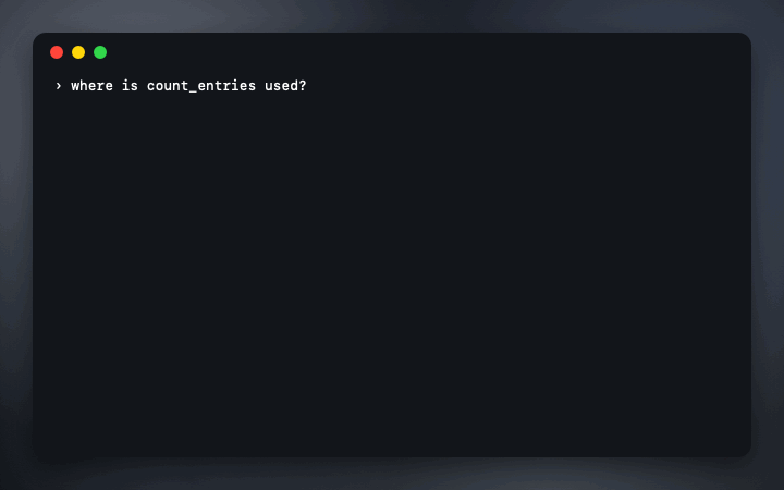 Drawn demo: asked where count_entries is used, grep returns 77 lines, 67 of them comments, log messages and a similar function; lsp_references returns 10 lines, every one a use.